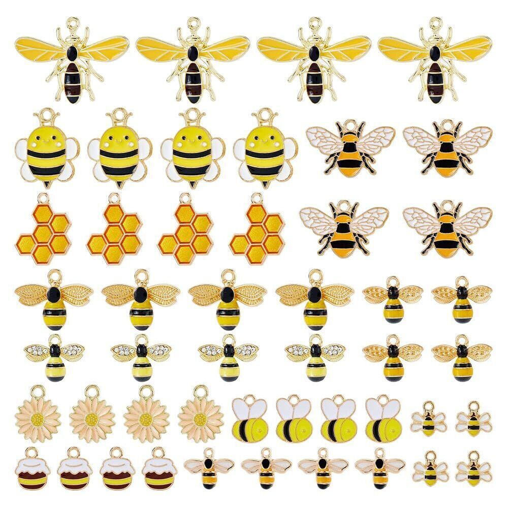 7853 48Pcs 12 Styles Bee Charms Honeycomb Charms Cute Animal Charms Alloy